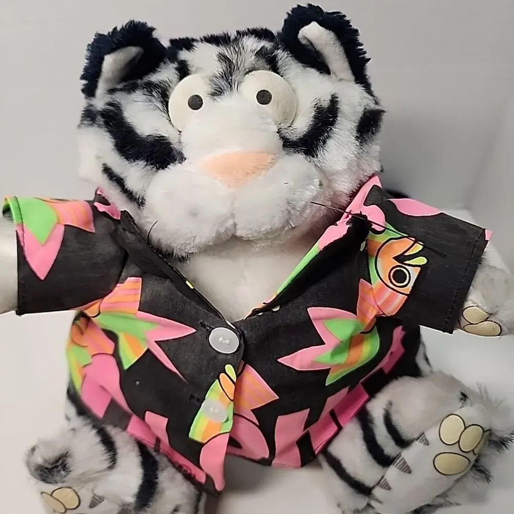 1989 Bernard Kliban Star Shine Hawaiian Aloha Fat Cat Gray & Black Plush Tag 9”
